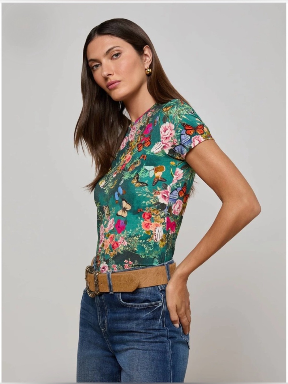 L’AGENCE RESSI FITTED TEE 🌸 GREEN CHARONDA BUTTERFLY 🦋 RARE SIZE XXS 🌼NWOT ✨ - Picture 2 of 10